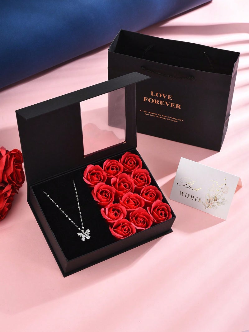 Valentine’s Day Gift Box with Red Roses and Necklace – Romantic Love Gift for Her - Image 1